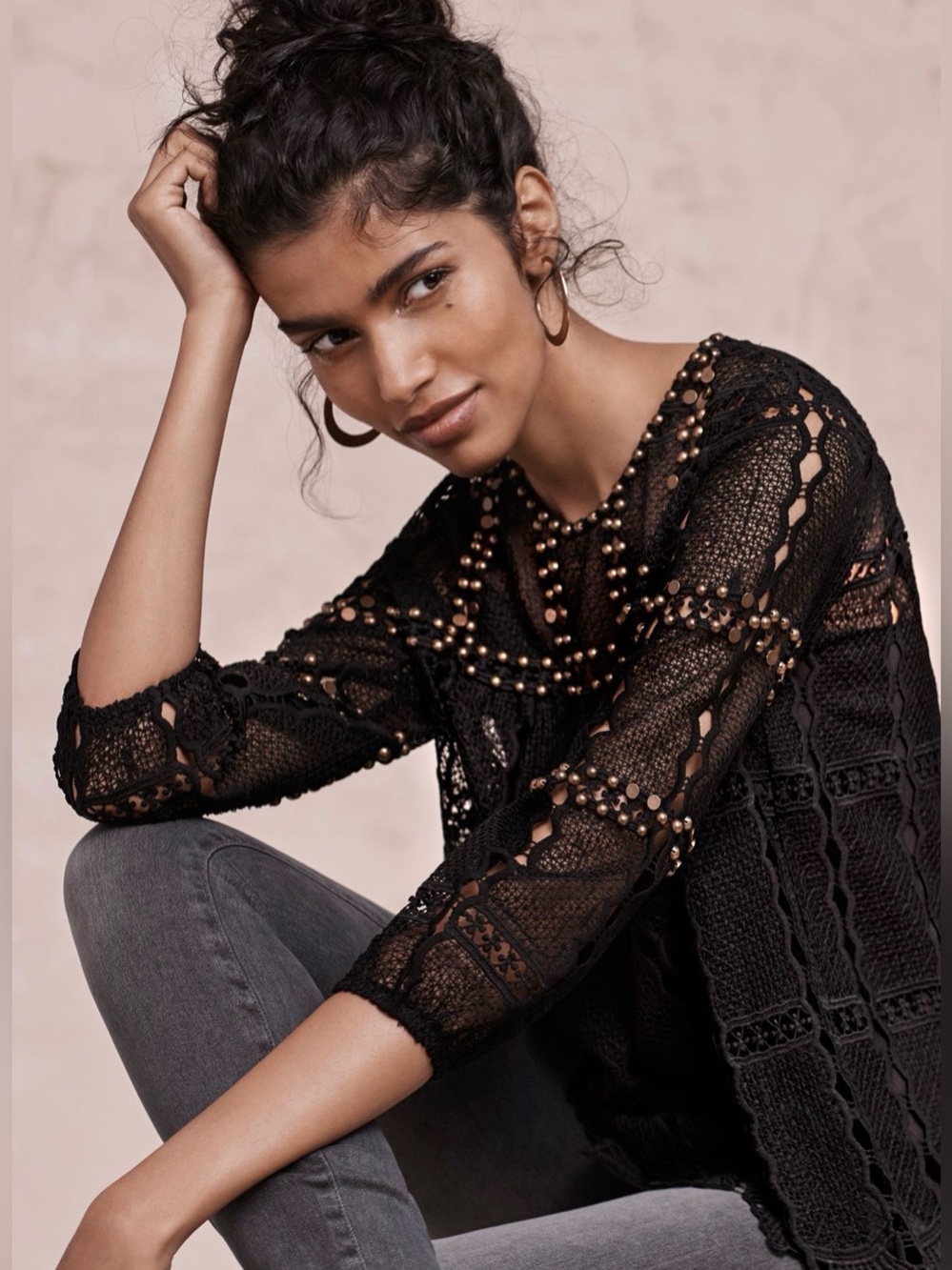 Preowned Anthropologie Maeve Auralis Lace Top in Black Size L